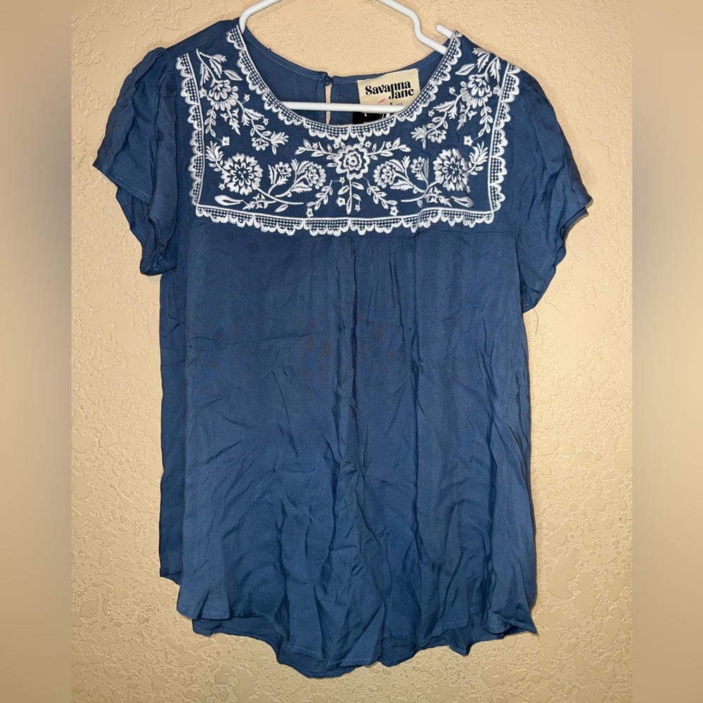 Savanna Jane Navy Floral Embroidered Blouse
